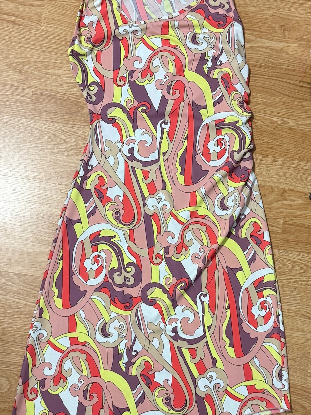 Parallel Y2K Retro Psychedelic Swirl Ruched Sleeveless Dress Mod